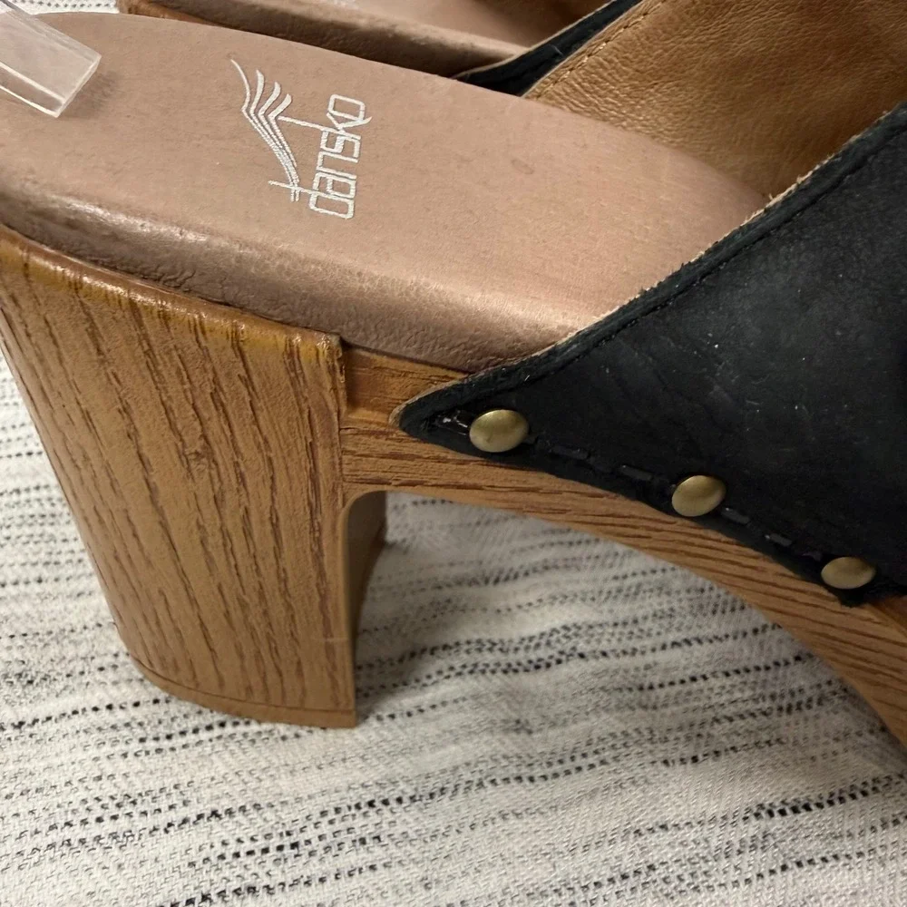 Dansko Ramona Black Suede Platform Heel Size 39 Studded Slip On Sandal Comfort - Picture 5 of 10